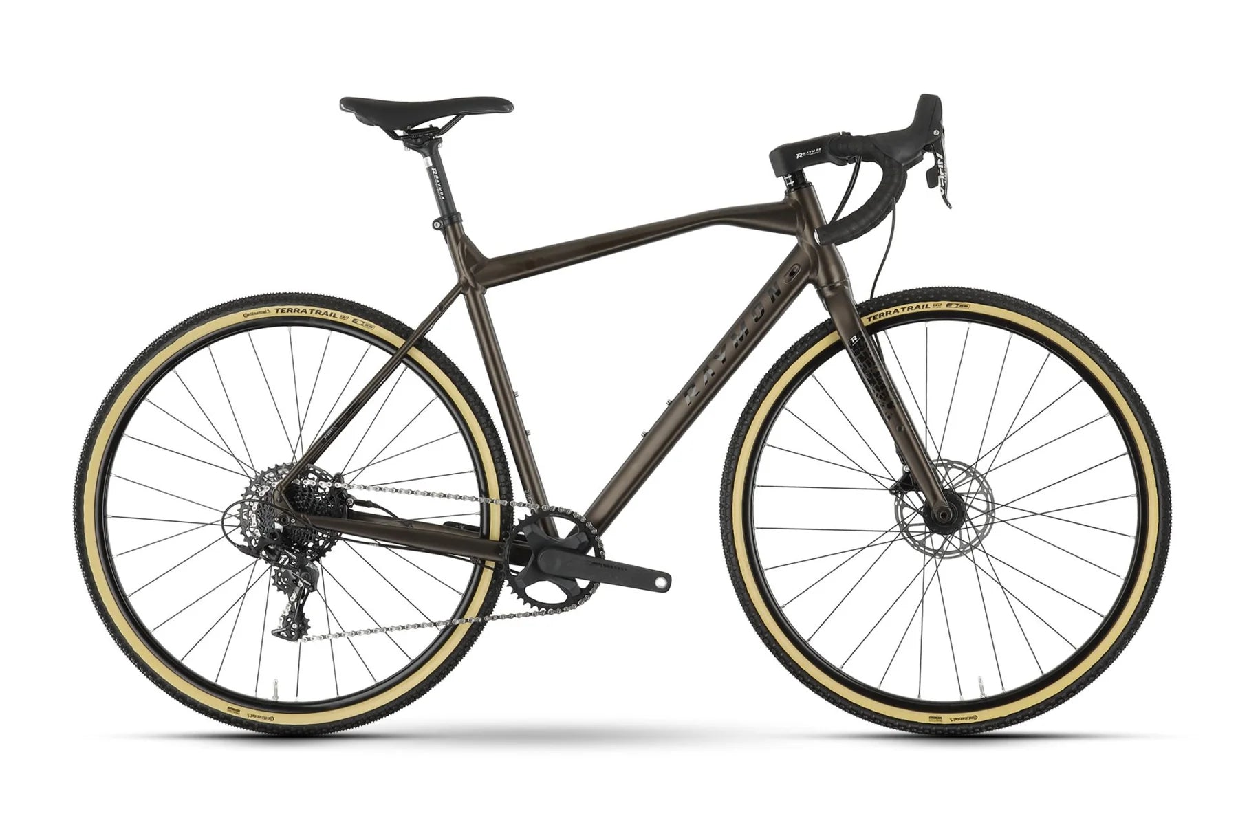 Gravelbike Raymon mit schwarzem Rahmen und Continental Terra Trail-Reifen, geeignet für Offroad-Touren.
