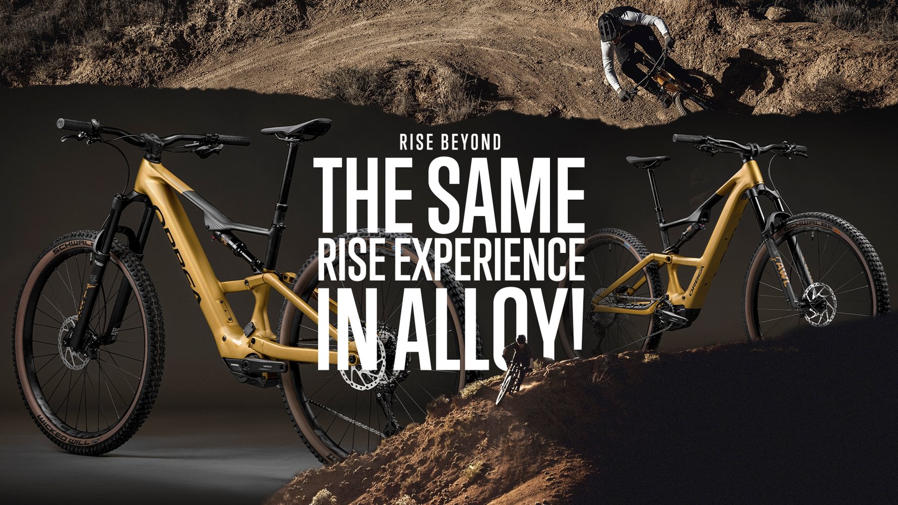 Orbea Rise E-Mountainbike in Alu, ideal für Geländefahrten, präsentiert in Landschaftsumgebung.