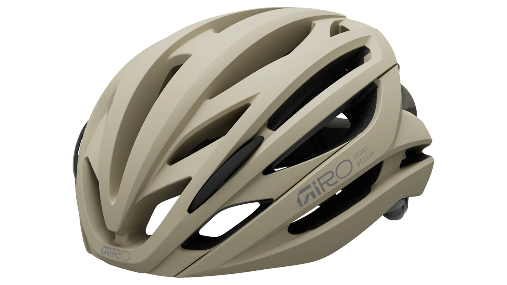Beiger Fahrradhelm von GIRO mit Lüftungsschlitzen, geeignet für Radsport und Freizeitaktivitäten.