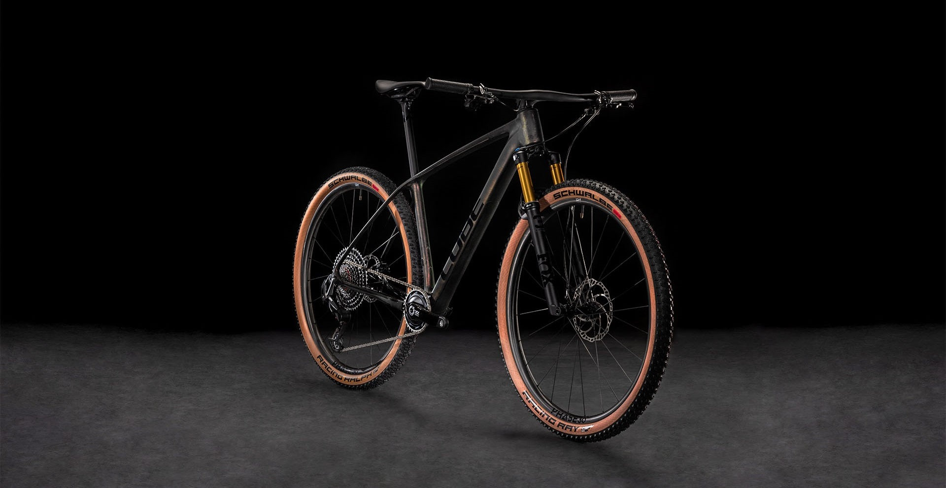 Schwarzes Cube Mountainbike mit breiten, braunen Schwalbe-Reifen, ideal für Offroad-Abenteuer auf unebenen Wegen.