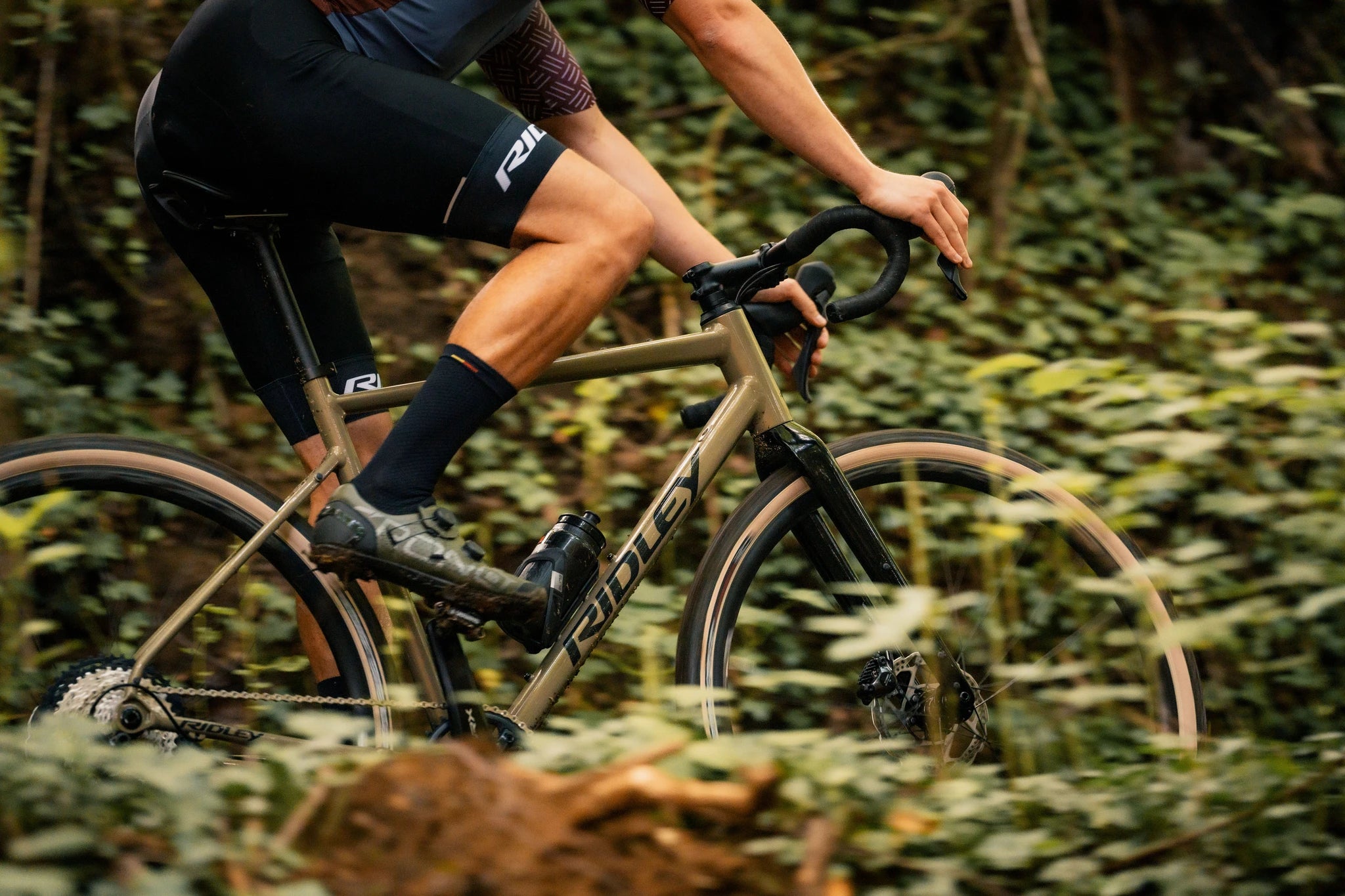 Mann auf einem Ridley Gravelbike in Bewegung, fährt durch bewachsene Vegetation. Ideal für Offroad-Radfahrer.