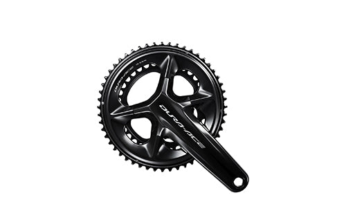 Schwarze Shimano Dura-Ace-Kurbelgarnitur, Zweifach-Kettenblatt, für Rennräder, hochwertig und langlebig.