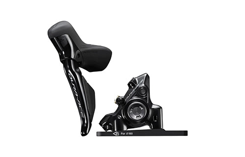 Schwarze Shimano Dura-Ace Scheibenbremse und Bremshebel, Modell R9200, für Rennräder.
