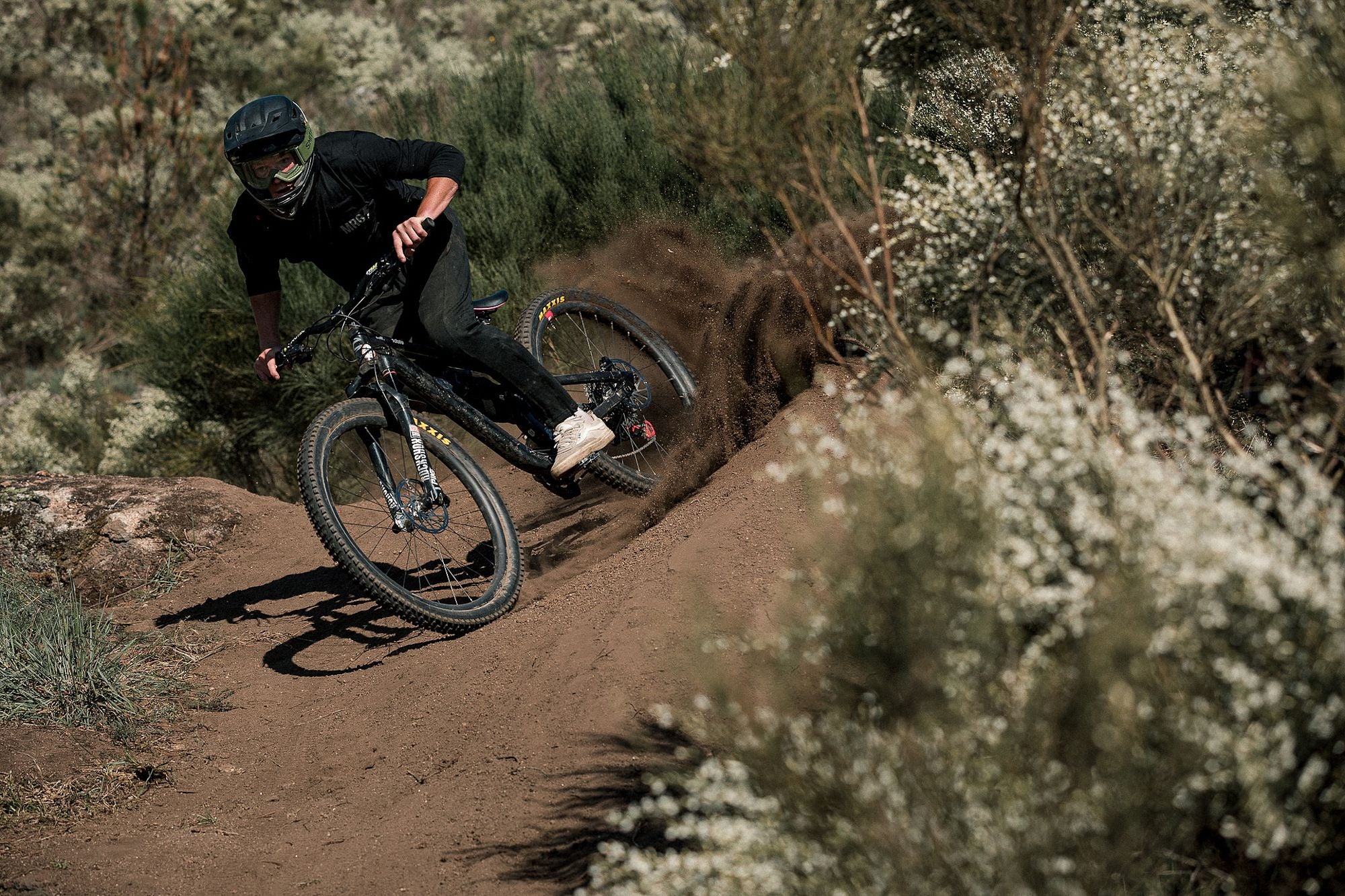 Mountainbiker fährt Cannondale Fully durch kurvenreichen Waldpfad, ideal für Offroad-Abenteuer und Adrenalin-Fans.