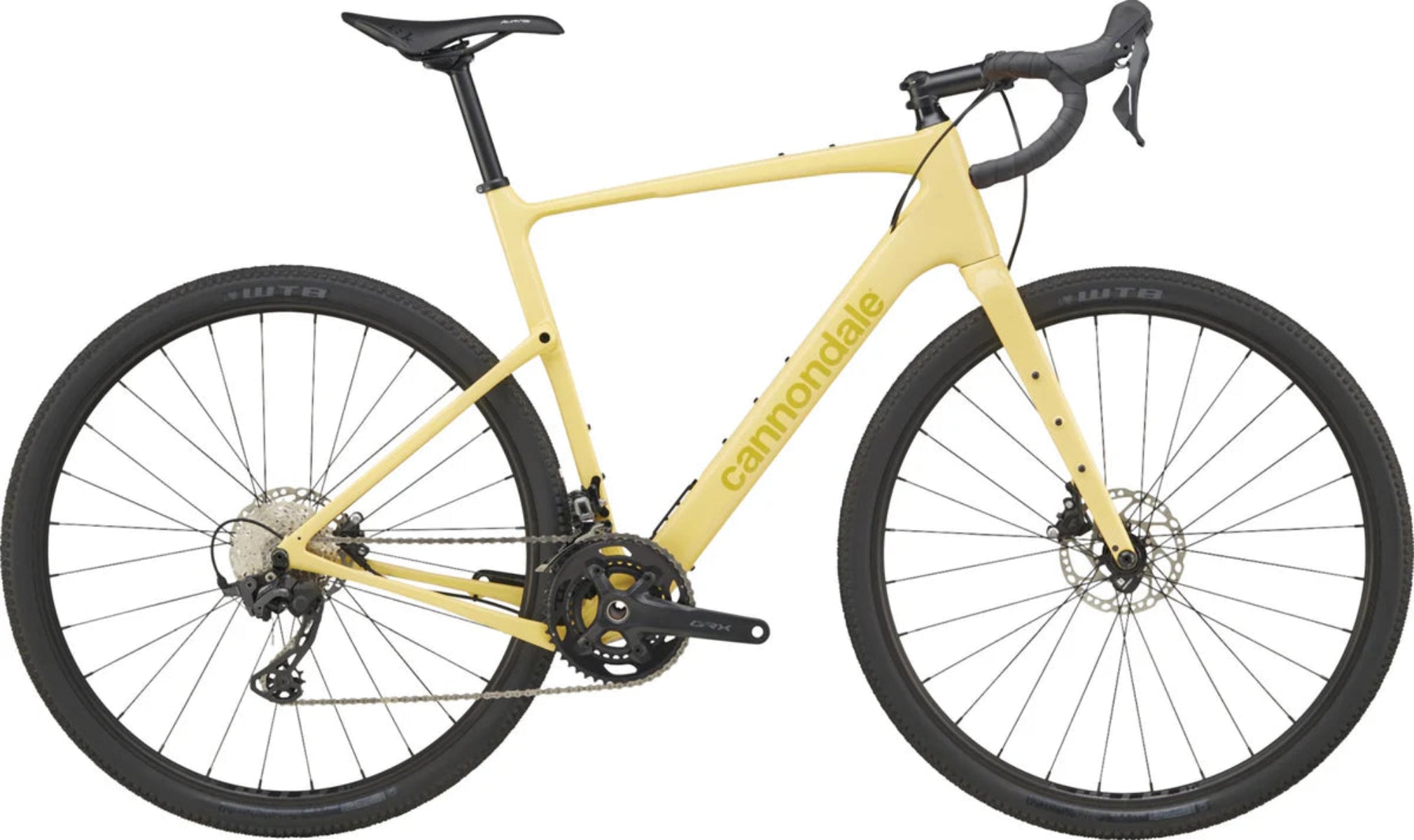 Gelbes Cannondale Gravelbike mit Shimano GRX-Antrieb, geeignet für Offroad-Fahrten und sportliche Alltagsnutzung.