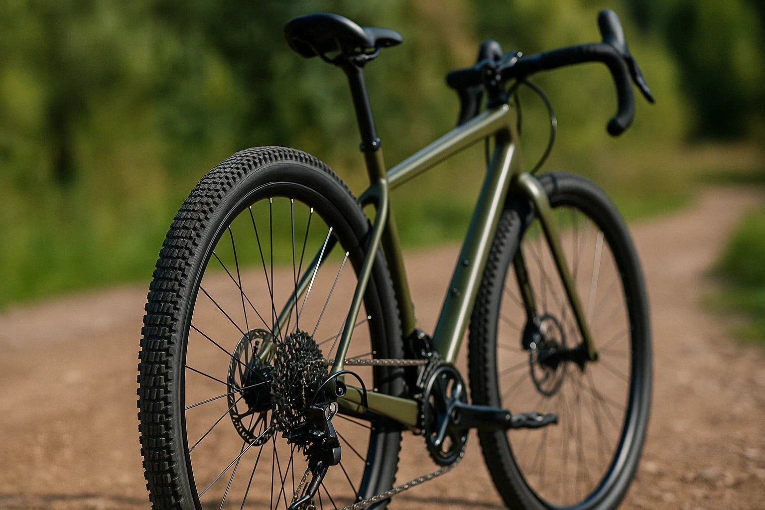 Grünes Gravelbike mit breiten profilierten Reifen auf einem Waldweg, geeignet für Offroad-Touren.