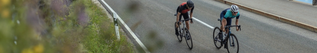 Zwei Radfahrer auf einer Landstraße, Radrennen, sportliche Kleidung und Helme, grüne Landschaft am Straßenrand.