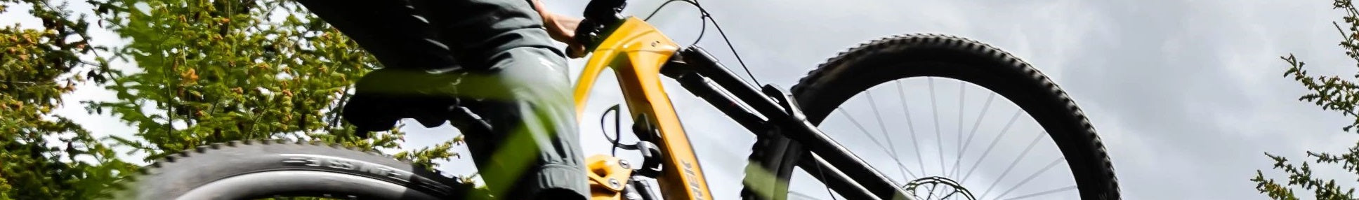 Mountainbikefahrer auf gelbem Trek-Fuel-Ex-Fahrrad springt über einen Hügel, vor bewölktem Himmel und Bäumen.