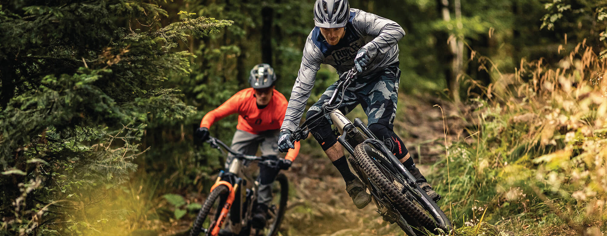 Zwei Mountainbiker in Schutzkleidung fahren durch einen Waldpfad.
