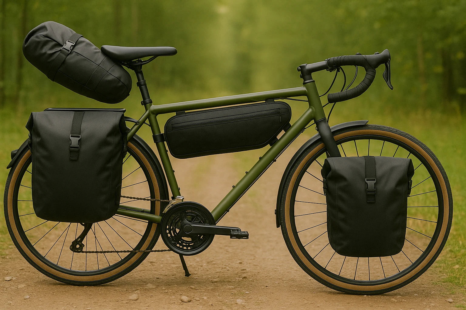 Trekkingbike vollgepackt mit taschen: Gepäckträgertasche, Rahmentasche, Satteltasche, Arschrakete