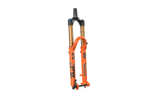 Orange Federgabel FOX 32 für Mountainbikes, robustes Design, geeignet für Offroad-Abenteuer, markantes Logo.