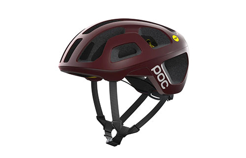 Bordeauxfarbener POC-Fahrradhelm mit Belüftungsschlitzen und verstellbarem Kinnriemen, geeignet für Radsportler.
