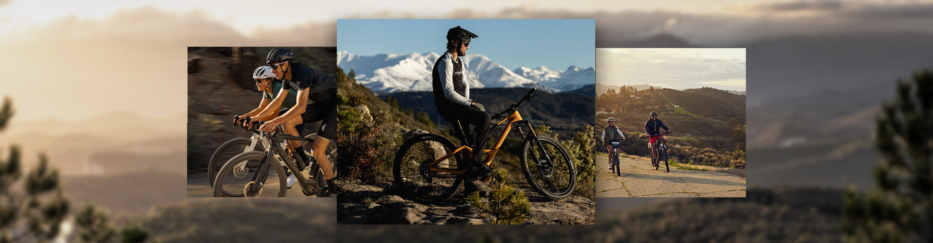Drei Personen fahren auf unterschiedlichen E-Bikes für Freizeit und Sport in bergiger Landschaft, kein Markenname sichtbar.