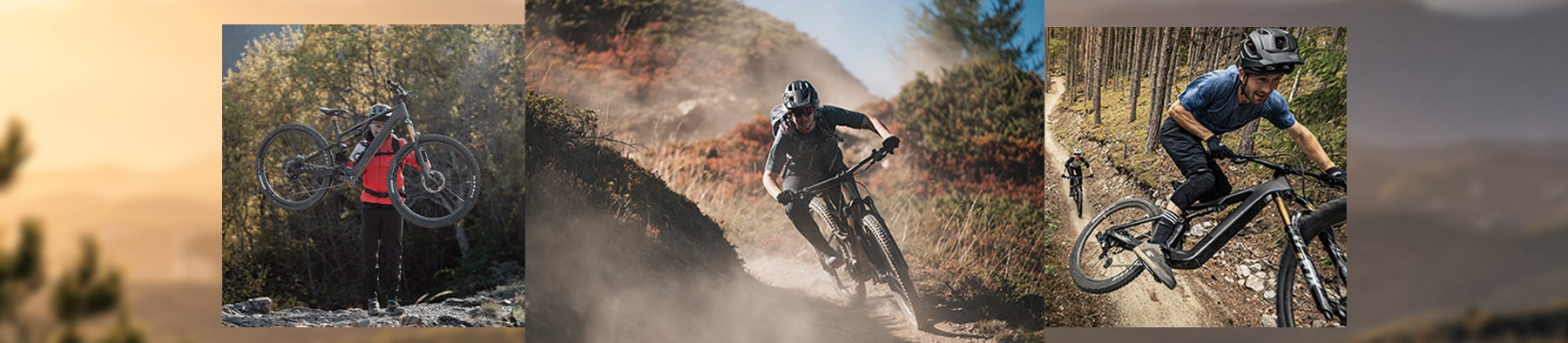 Drei Personen fahren Offroad mit E-Mountainbikes. Outdoor-Aktivität in verschiedenen Landschaften. Ideal für Abenteuerlustige.