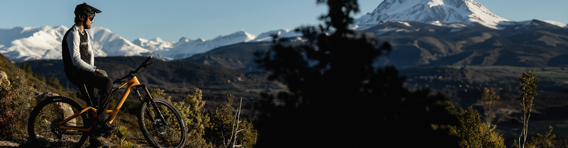 Mann auf einem E-Mountainbike in bergiger Landschaft, schneebedeckte Gipfel im Hintergrund.