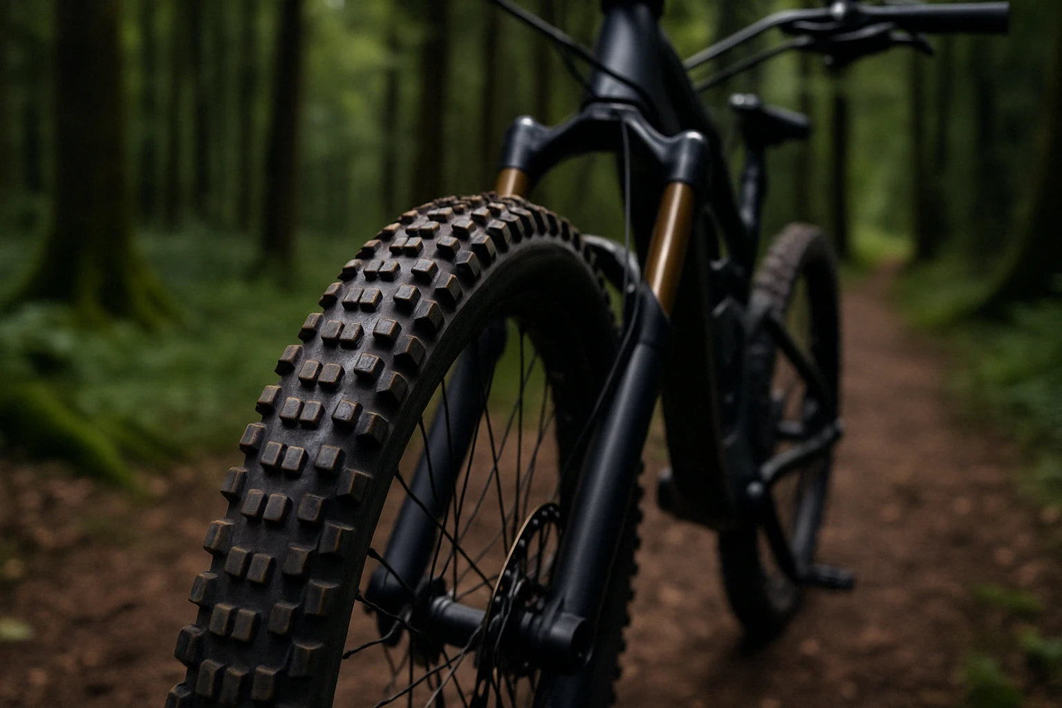 Mountainbike im Wald mit grobstolligem Reifen, ideal für Offroad-Einsatz. Marke und Modell nicht sichtbar.