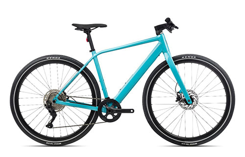 Türkises E-Bike Orbea e-City, seitliche Ansicht, geeignet für Stadtfahrten, sportliches Design.