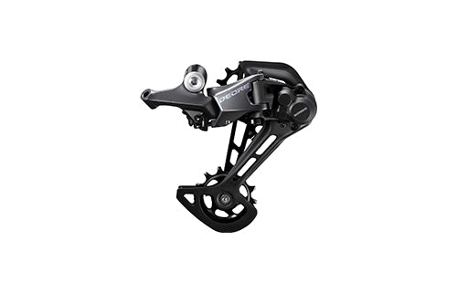 Schwarzes Fahrrad-Schaltwerk Shimano Deore, geeignet für Mountainbikes.