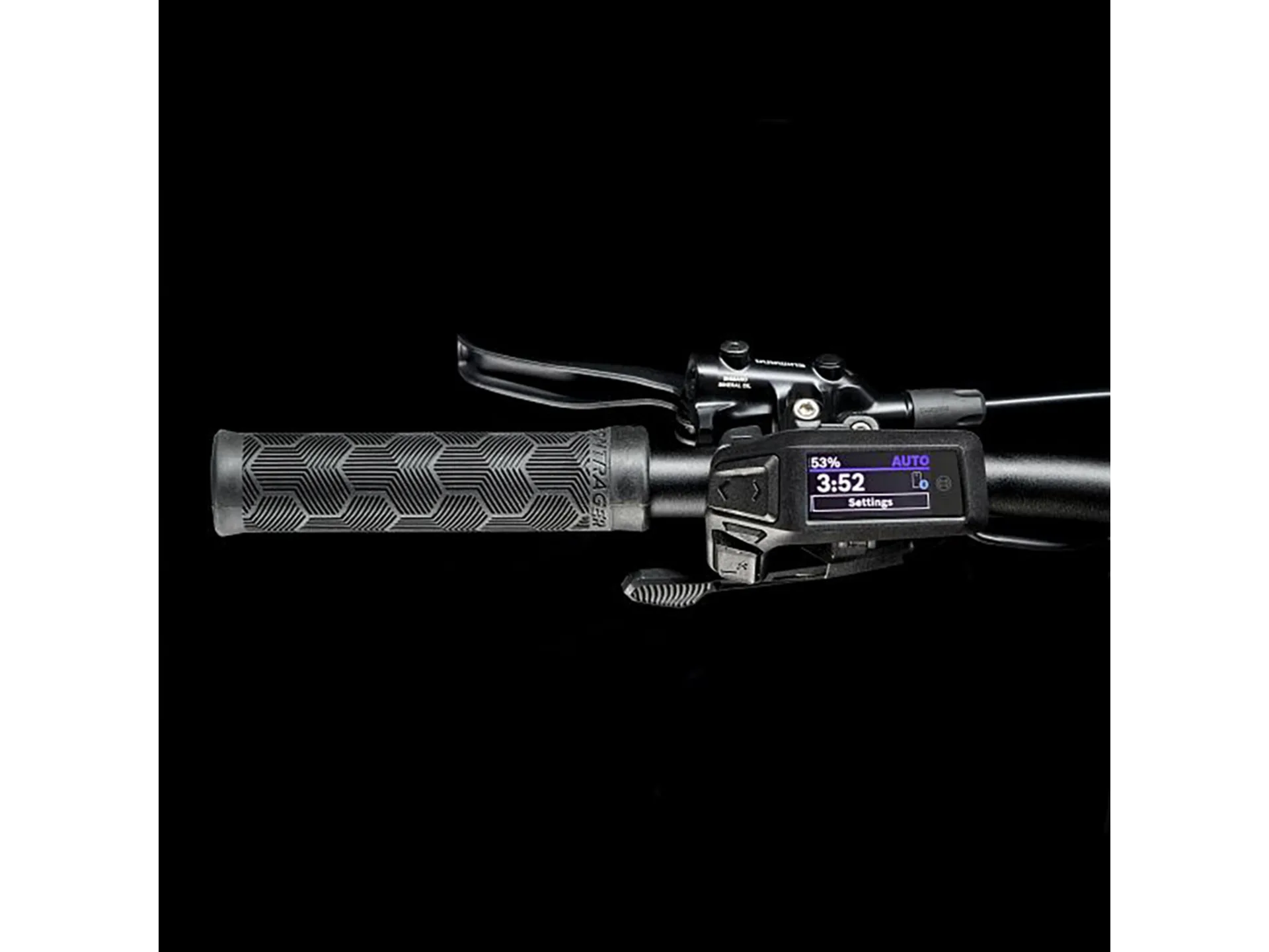 Fahrradlenker mit Bontrager Griffen und Display für E-Bike Steuerung, zeigt Akkustand und Uhrzeit, geeignet für Trek Powerfly FS.