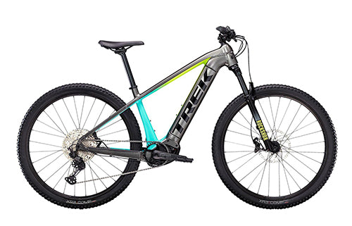 Trek E-MTB Hardtail, graues und türkisfarbenes Elektrofahrrad, geeignet für Geländefahrten und Mountainbike-Enthusiasten.