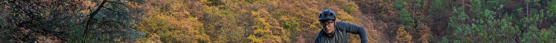 Ein Mountainbiker fährt durch einen Wald mit Herbstlaub, trägt Helm und Brille, Marke und Modell nicht erkennbar.