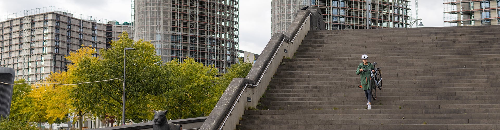 Person trägt Fahrrad eine Treppe hinunter, umgeben von modernen Gebäuden und Bäumen, Herbstszenario.