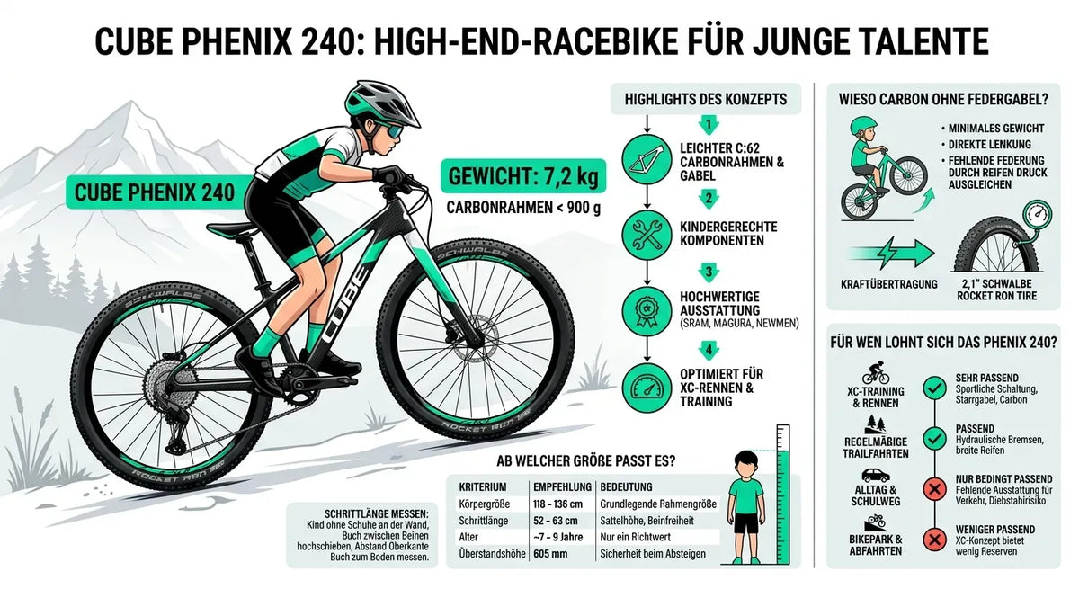 Cube PHENIX 240 C:62 SLX 240 Kinder-Rennrad, 7,2 kg, Carbonrahmen, für XC-Rennen, geeignet für 7-9 Jahre, kindgerechte Komponenten.