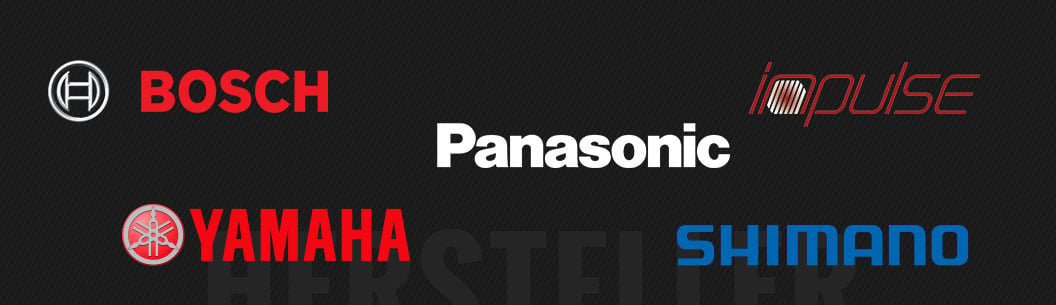 Bosch, Panasonic, Yamaha, Shimano und Impulse Logos auf schwarzem Hintergrund, E-Bike-Motor-Hersteller.