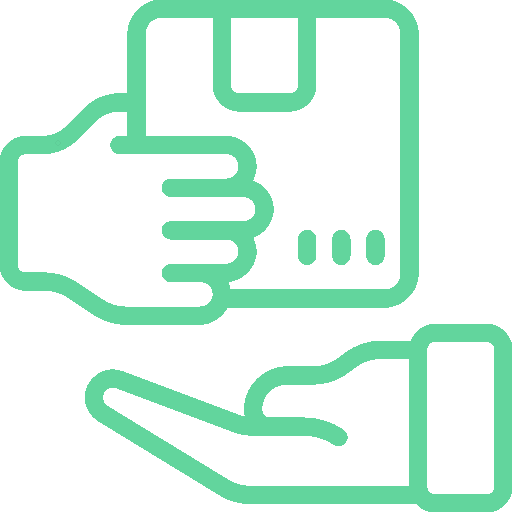 Zwei grüne Hände tauschen ein Paket. Symbol für Lieferung oder Versand.