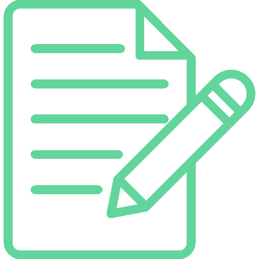 Ein grünes Icon zeigt ein Blatt Papier mit Linien und einem angelehnten Stift.