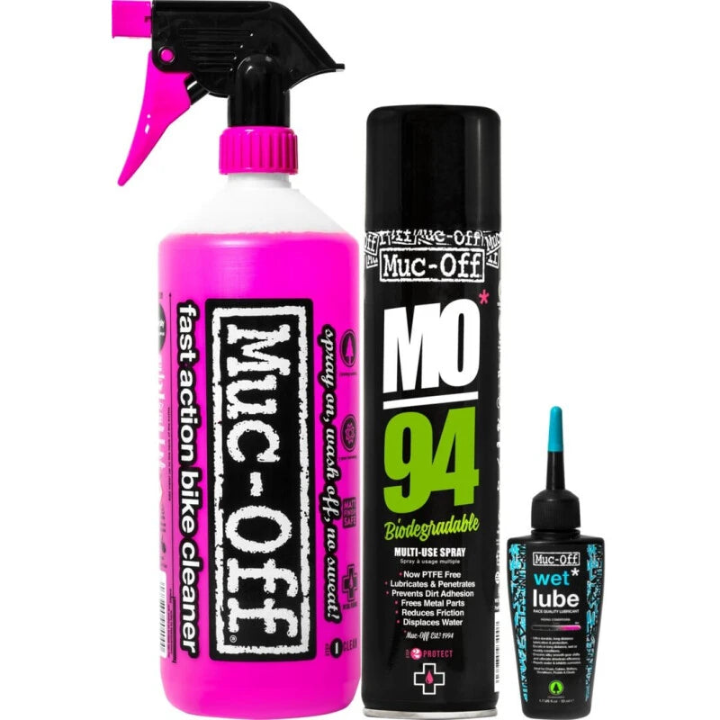 Muc-Off Fahrradreiniger-Set: pinker Sprühreiniger, schwarzes MO94 Spray, Fläschchen Wet Lube für Fahrradpflege.