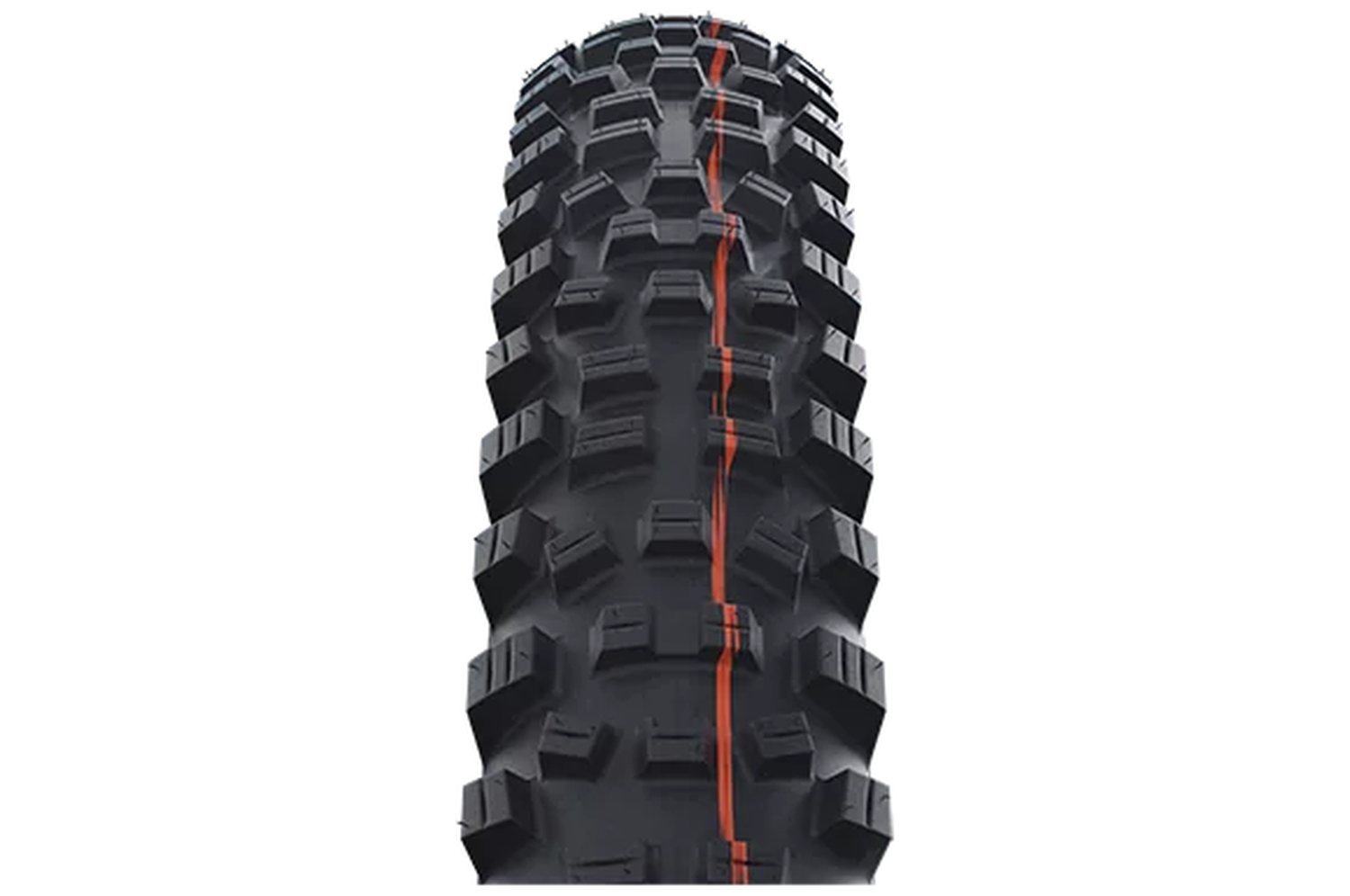 Mountainbike-Reifen mit grobem Profil und rotem Streifen, geeignet für Offroad und Gelände. Markenname nicht ersichtlich.