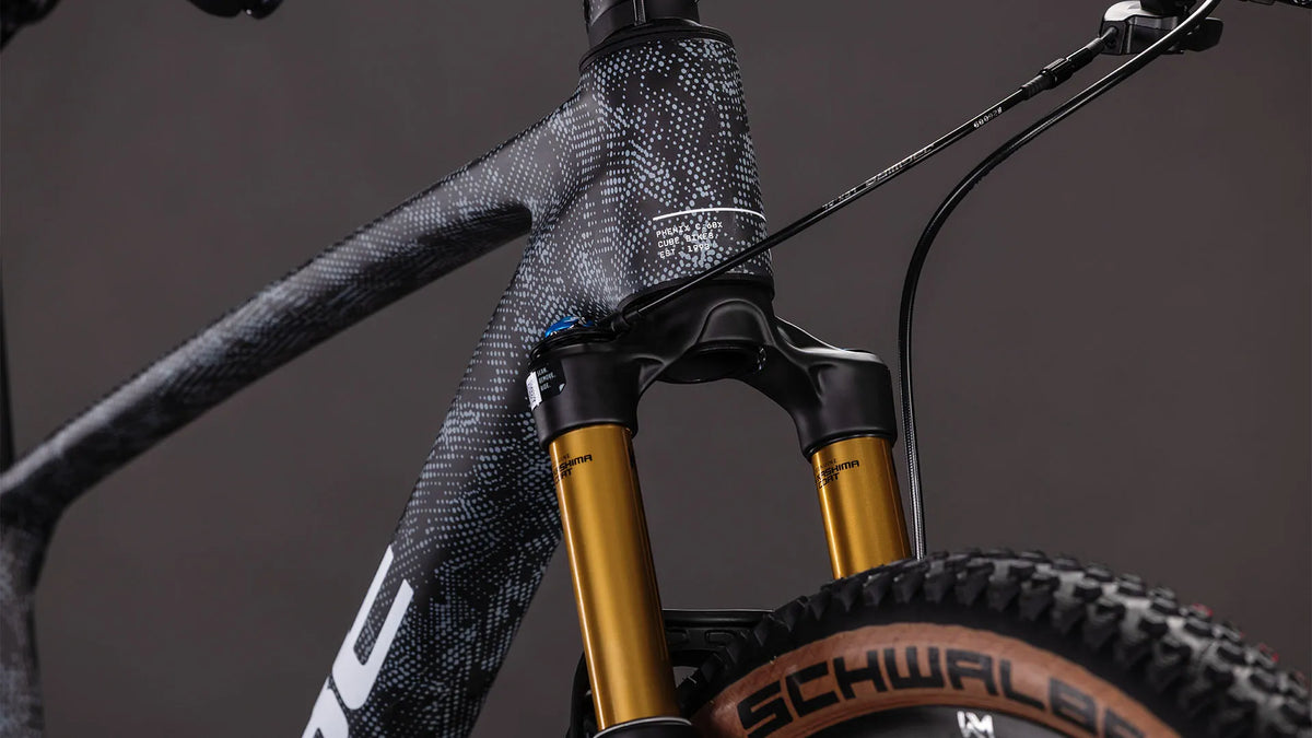 Nahaufnahme eines CUBE PHENIX C:68X SLX-Rahmens in Grau mit Federgabel und Schwalbe-Reifen, geeignet für Offroad-Abenteuer.