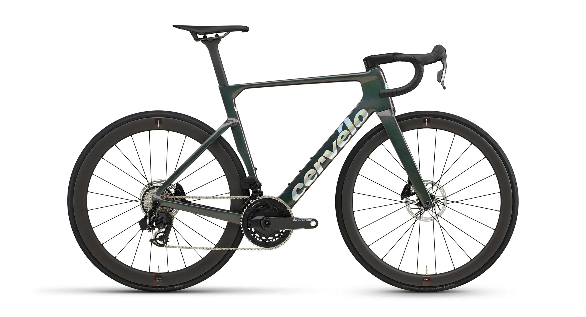 Rennrad, Cervélo S5, aerodynamisch, schwarz-grün, für Profis, mit Scheibenbremsen und Shimano-Antrieb.