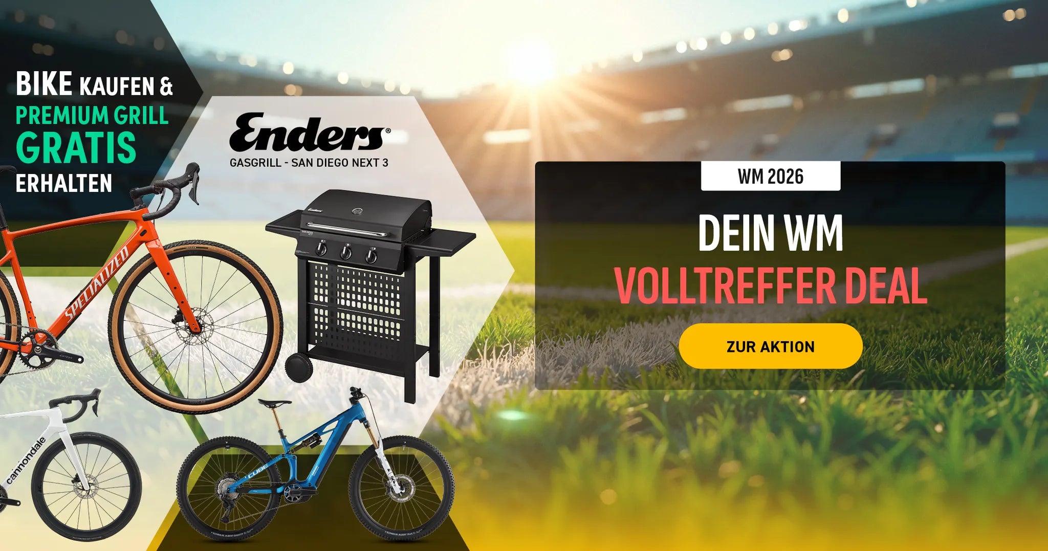 Orange Specialized Rad, weißes Cannondale Rad, blaues Cube Rad und Enders San Diego Next 3 Gasgrill vor Stadion. Volltreffer Deal Aktion