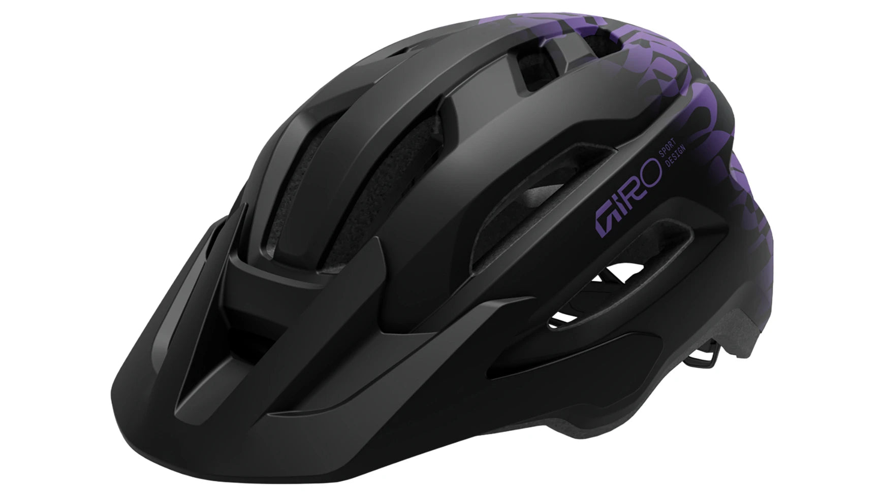Schwarzer Fahrradhelm Giro Sport Design mit lila Akzenten, ideal zum Mountainbiken.
