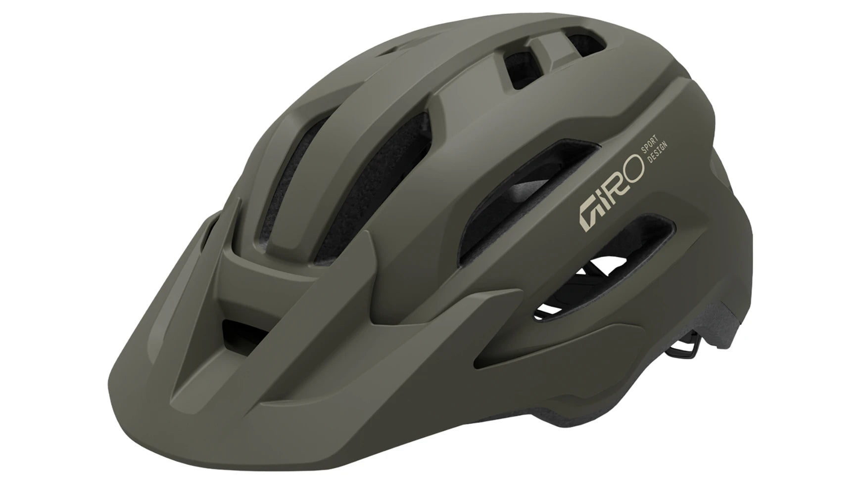 Giro Fahrradhelm in Olivgrün, geeignet für Mountainbiking, mit Belüftungsschlitzen und Markenlogo.