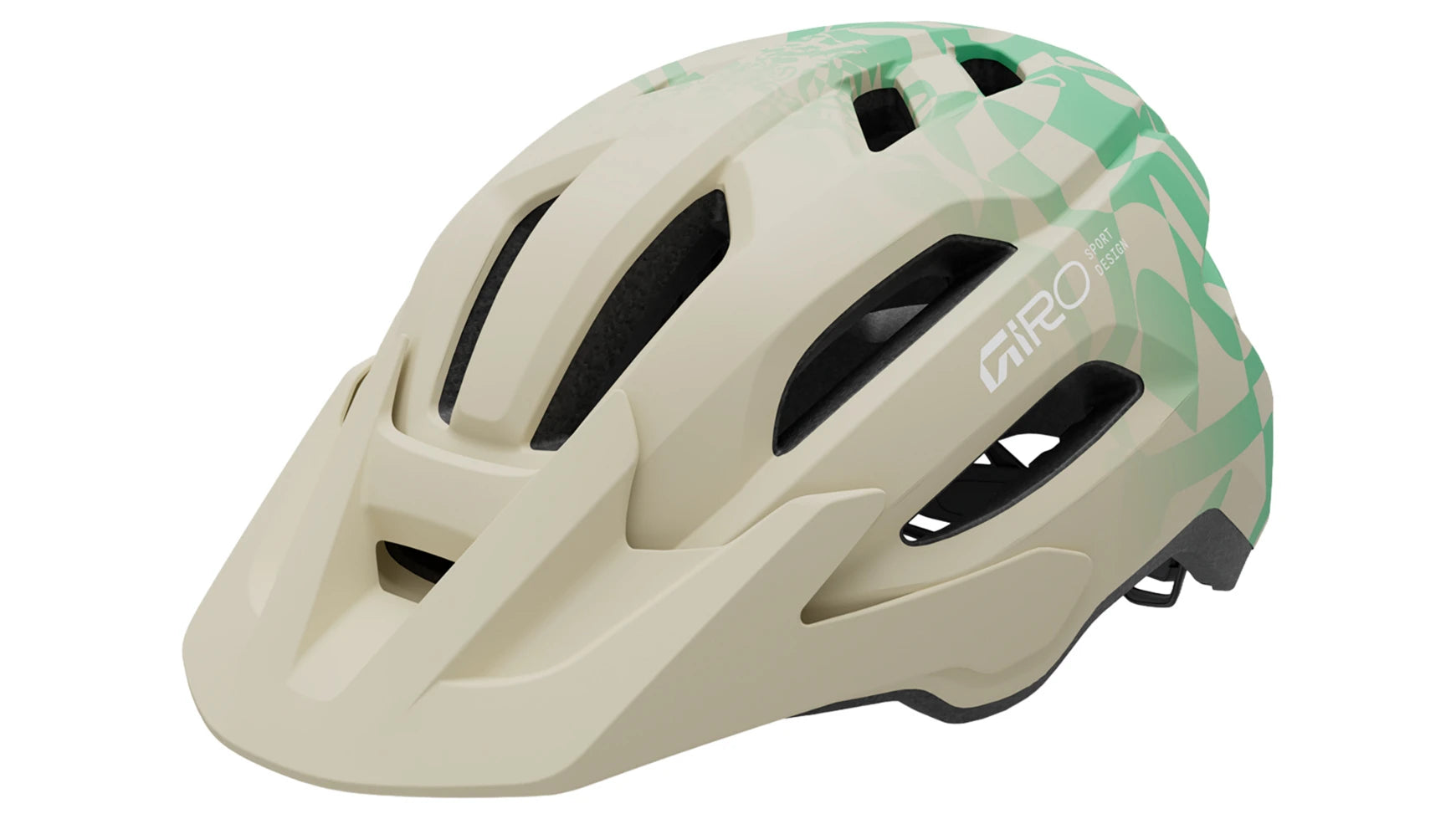 Beiger Fahrradhelm von Giro mit grünen Mustern, seitlicher Markenaufdruck, für Radfahrer geeignet.