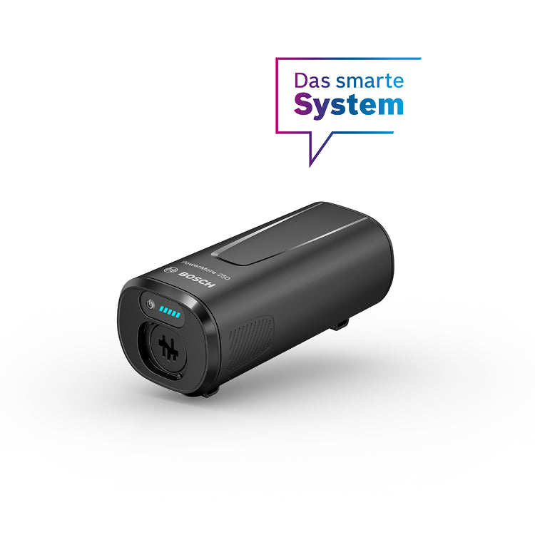 Bosch Akku CompactTube 250, schwarzer, zylindrischer Akku für smarte Systeme, zeigt LED-Ladeanzeige.