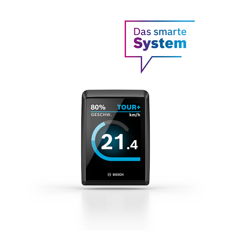 Bosch E-Bike Display zeigt Geschwindigkeit von 21,4 km/h und Akkustand von 80%. Überschrift: Das smarte System.