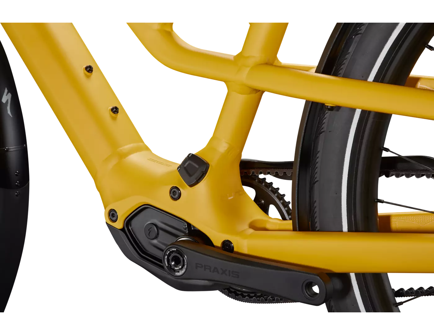 Gelbes Specialized Turbo Como E-Bike, Fokus auf Rahmen und Antrieb, ideal für urbane Pendler.
