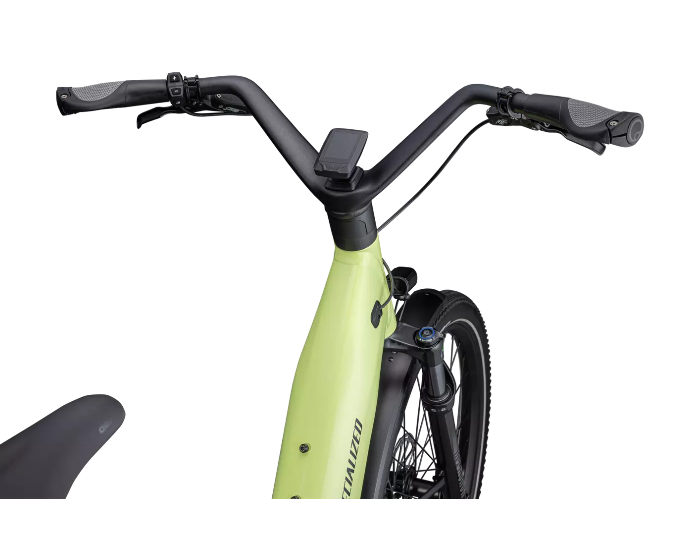 Lenkeransicht eines Specialized Turbo Como E-Bikes in Grün, ideal für komfortables Pendeln in der Stadt.