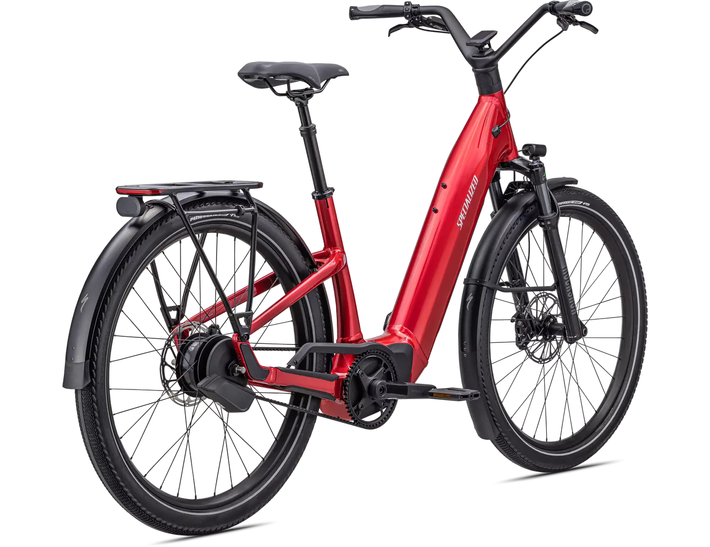 Rotes Specialized Turbo Como E-Bike mit tiefem Einstieg und stabilen Reifen, geeignet für den urbanen Gebrauch.
