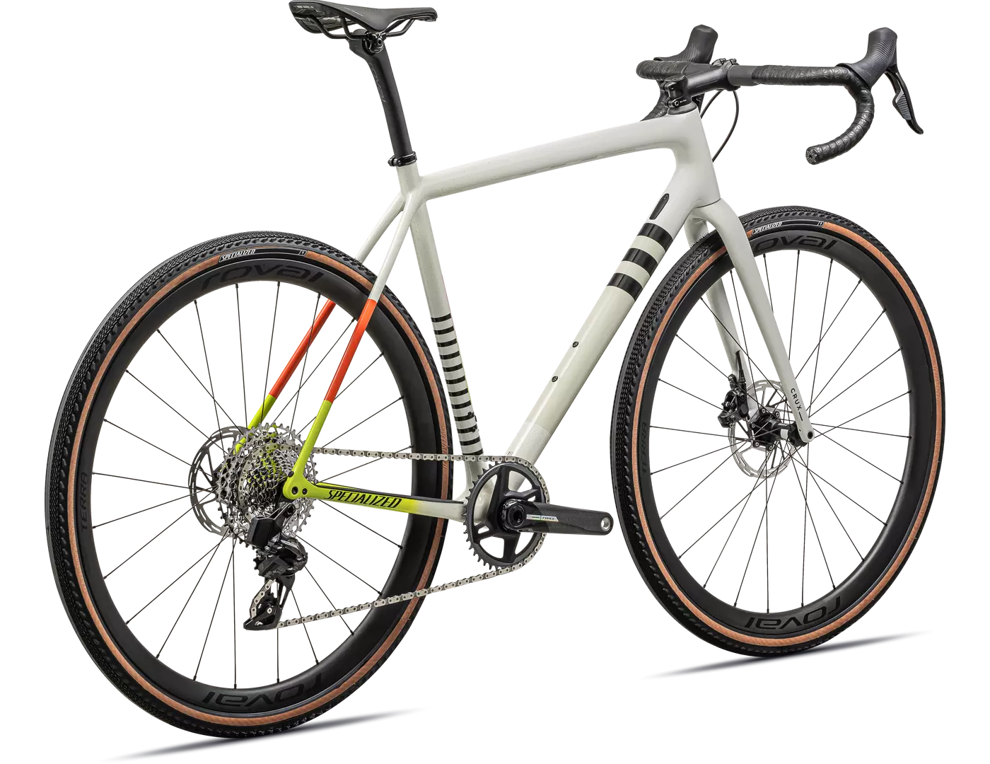 Specialized Crux Rennrad in Weiß mit schwarzen und neon Highlights, Scheibenbremsen, robusten Reifen, geeignet für Gravel.