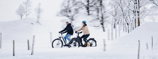 Zwei Personen fahren mit E-Bikes durch eine schneebedeckte Landschaft, beide tragen Helme und Winterkleidung.