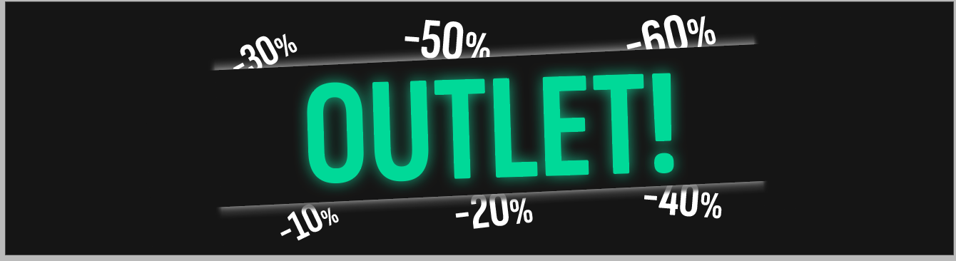 Schwarzes Banner mit grünem "OUTLET!"-Text, umgeben von weißen Prozentsätzen wie -10% und -60%, die Rabatte zeigen.