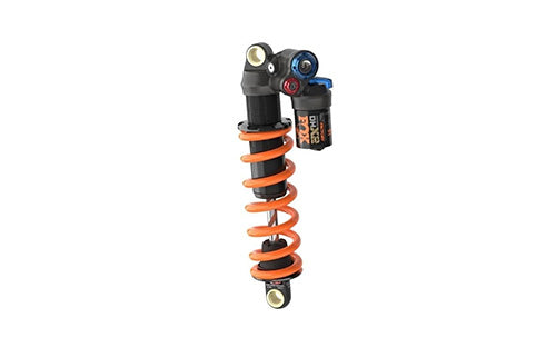 Stoßdämpfer mit orangefarbener Feder, Modell Fox DHX2, für Mountainbikes.