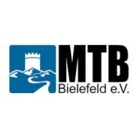 MTB Bielefeld e.V. Logo mit stilisiertem Berg, Weg und Turm in Blau und Weiß.