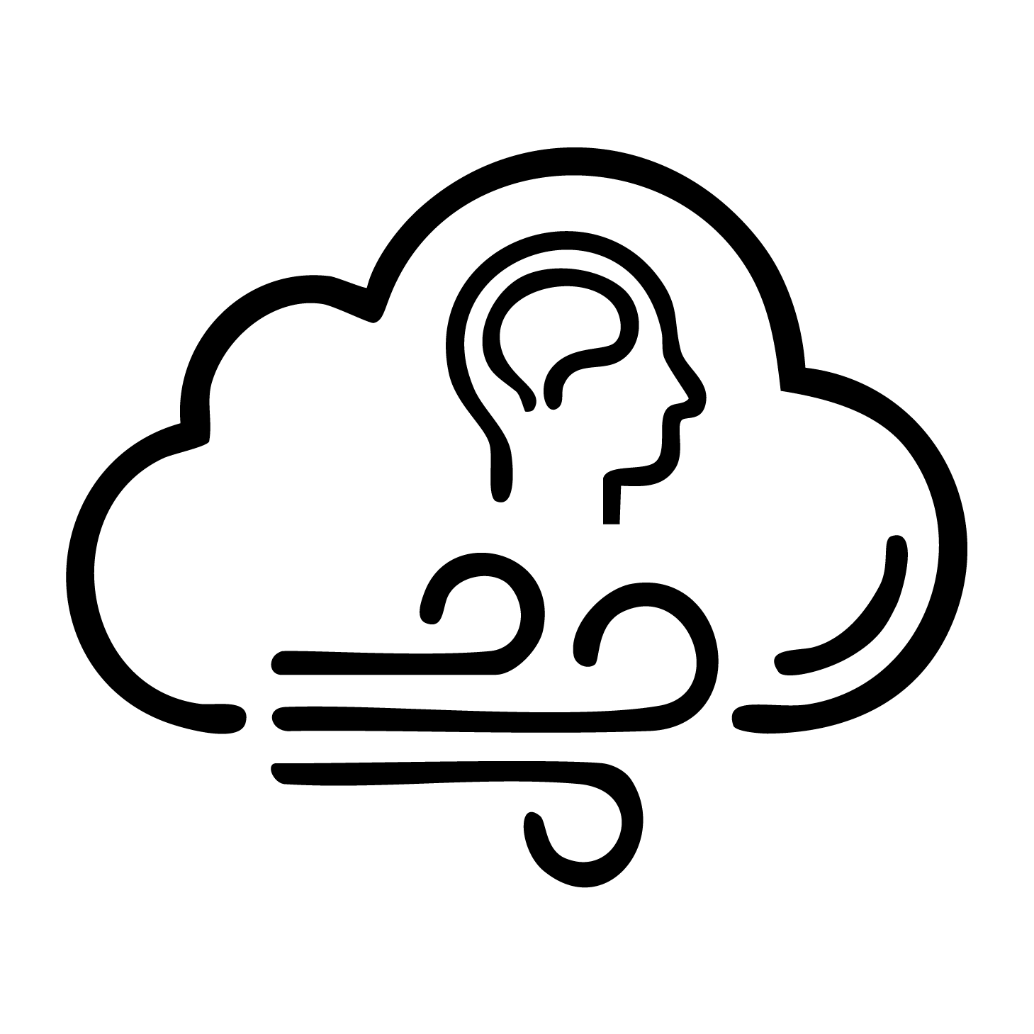 Ikonisches Wolken-Symbol mit Kopf und Windlinien, Darstellung von Idee oder Gedankenfluss.