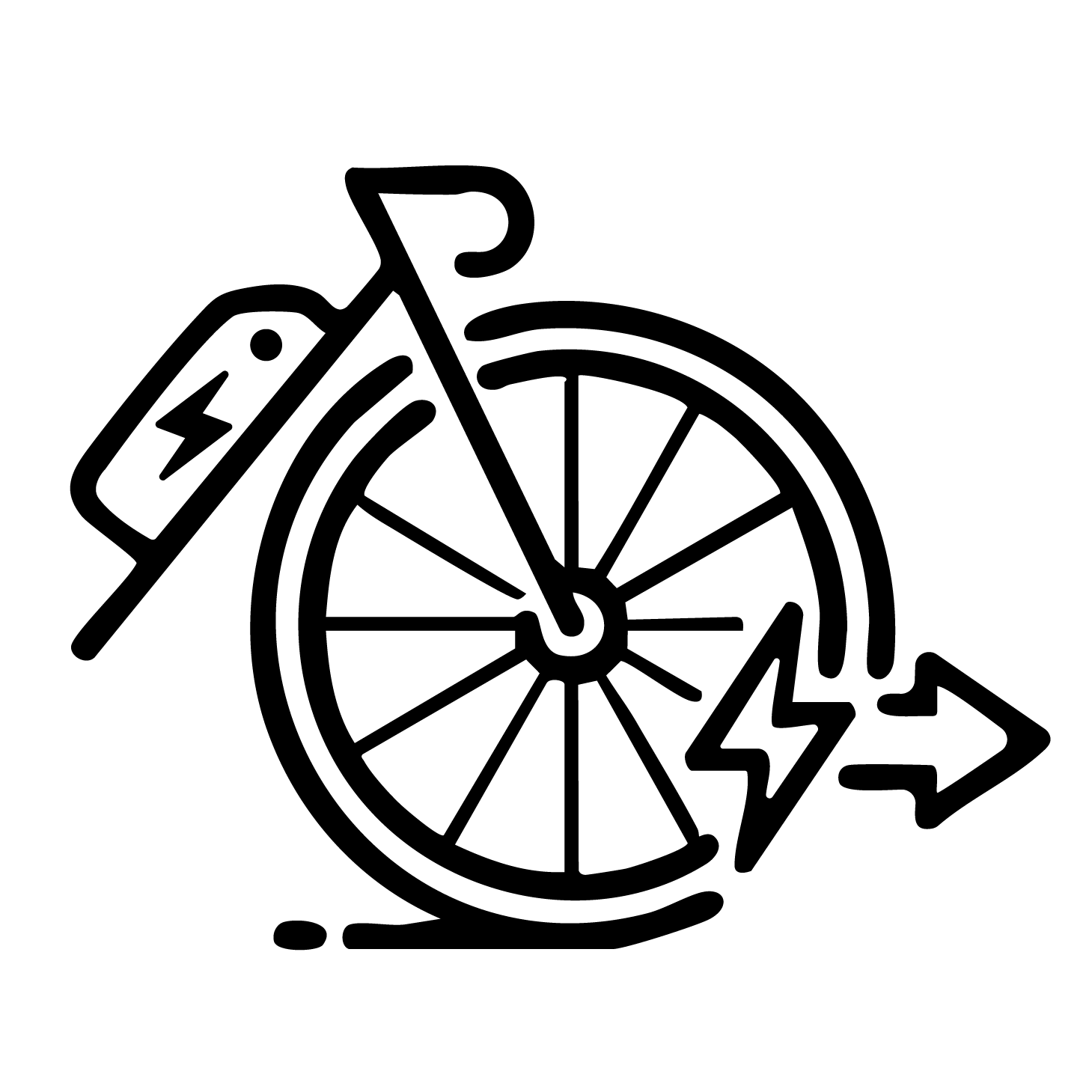 Symbol eines Elektrofahrrads mit Blitz und Pfeil, was Geschwindigkeit oder Antrieb darstellen könnte.